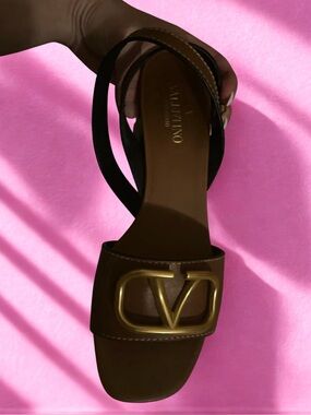 Valentino Brown Leather VLogo Slide Sandal with Gold Hardware
